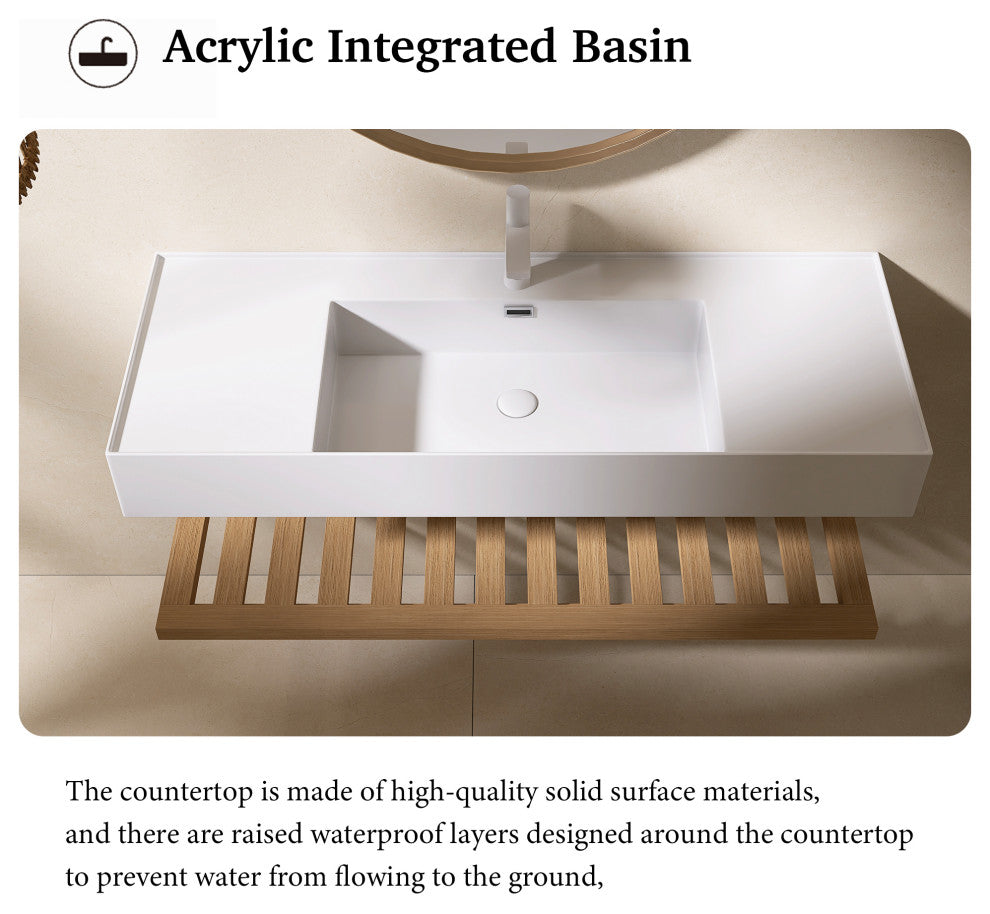 Wall-Mounted Bathroom Vanity With White Rectangular Acrylic Integrated Basin, 48"