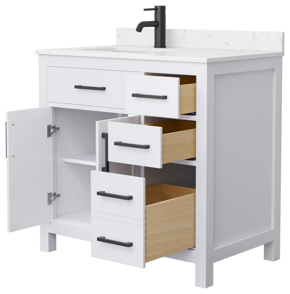 Beckett 36" White Single Vanity, Carrara Cultured Marble Top, Black Trim