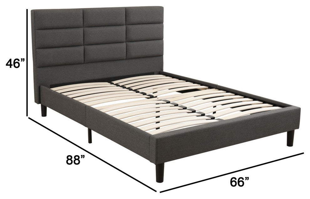 Benzara Rin Queen Size Platform Bed, Charcoal Gray Upholstery, Headboard