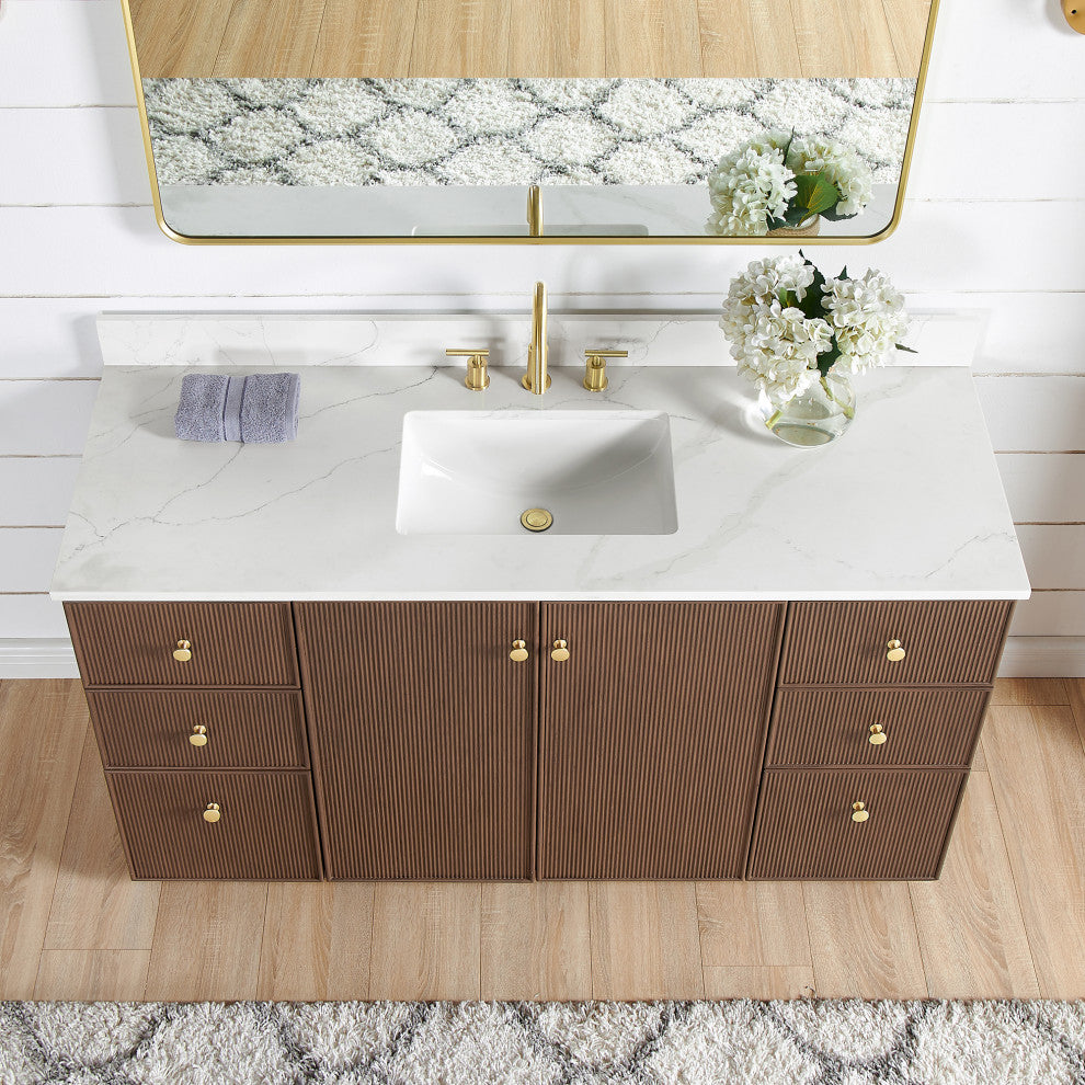 Oza Bath Vanity with Quartz Stone Top, Aged Dark Brown Oak, 60", Single Vanity, No Mirror