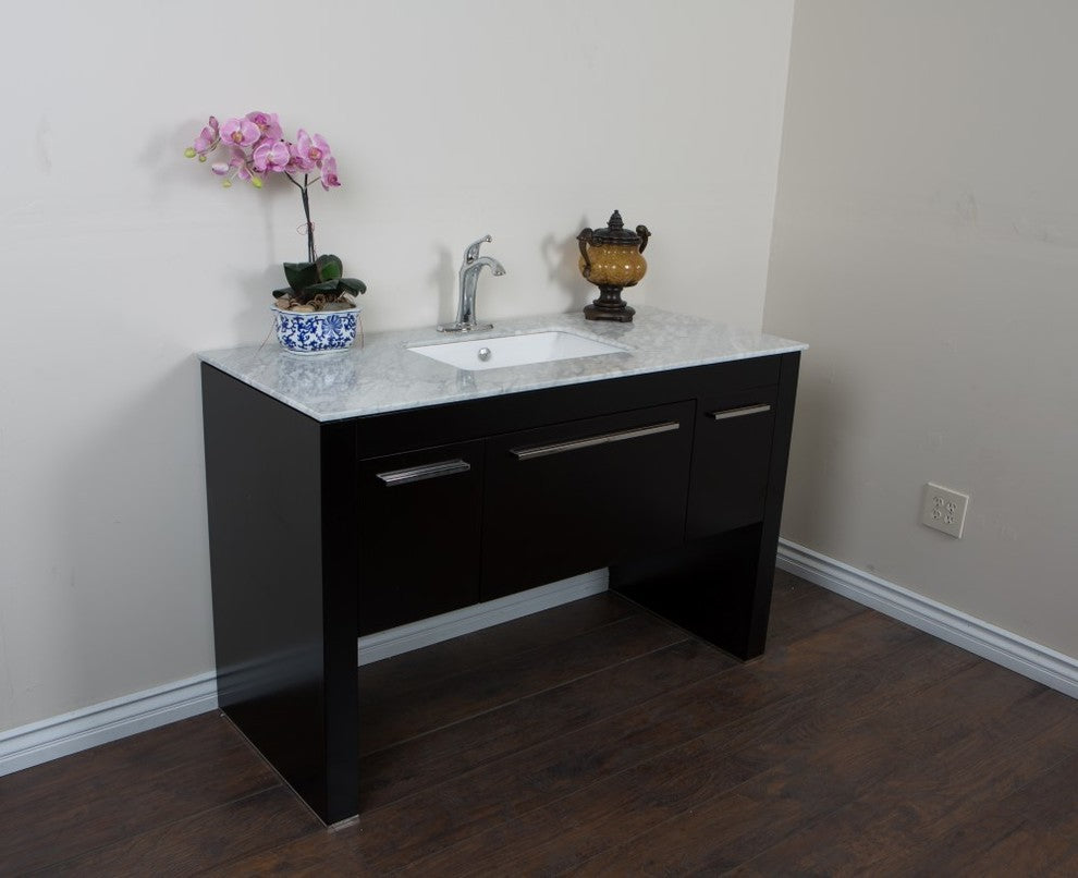 55.3" Single Sink Vanity, Black With Marble Top, White