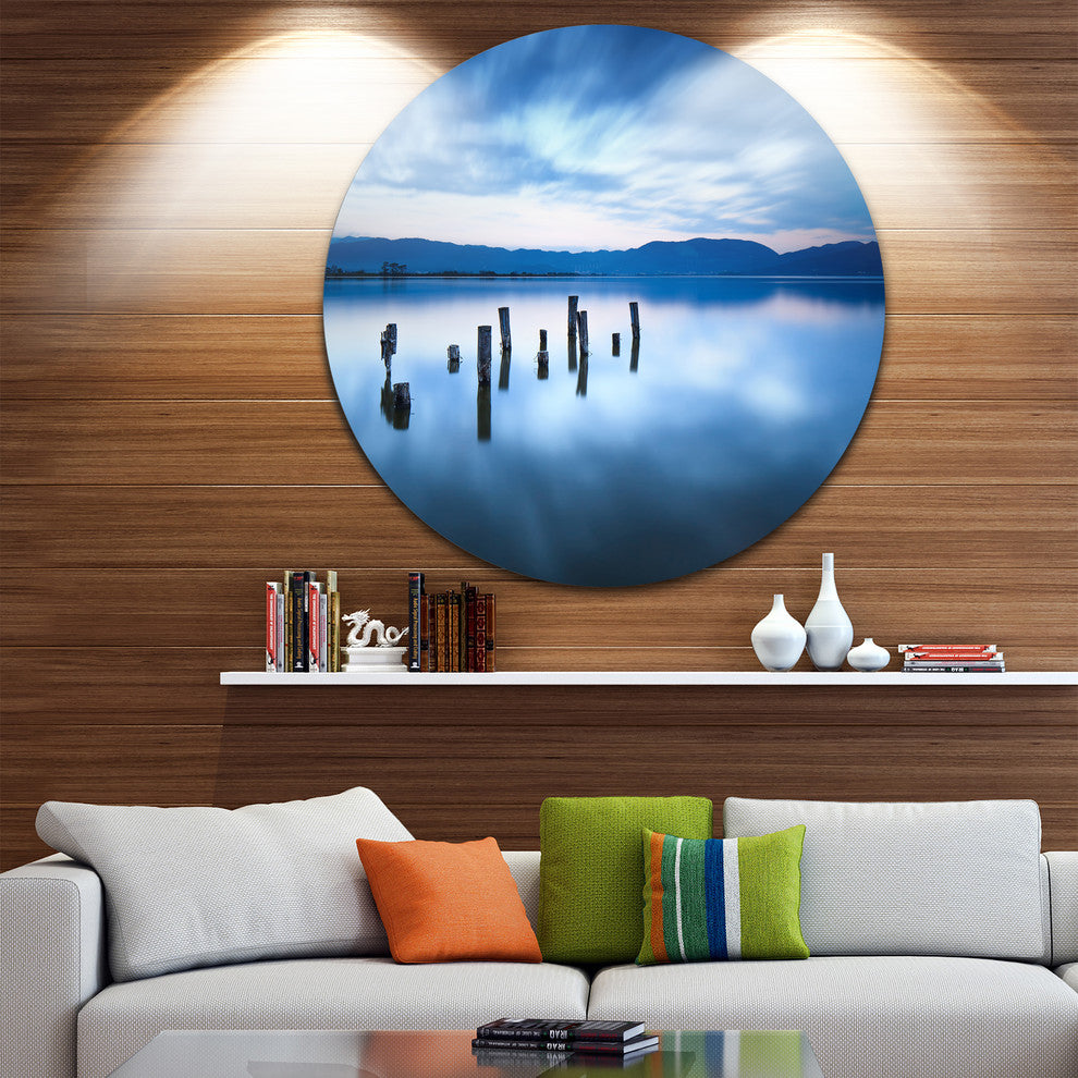 Cloudy Sky Above Lake, Seascape Photo Disc Metal Artwork, 36"