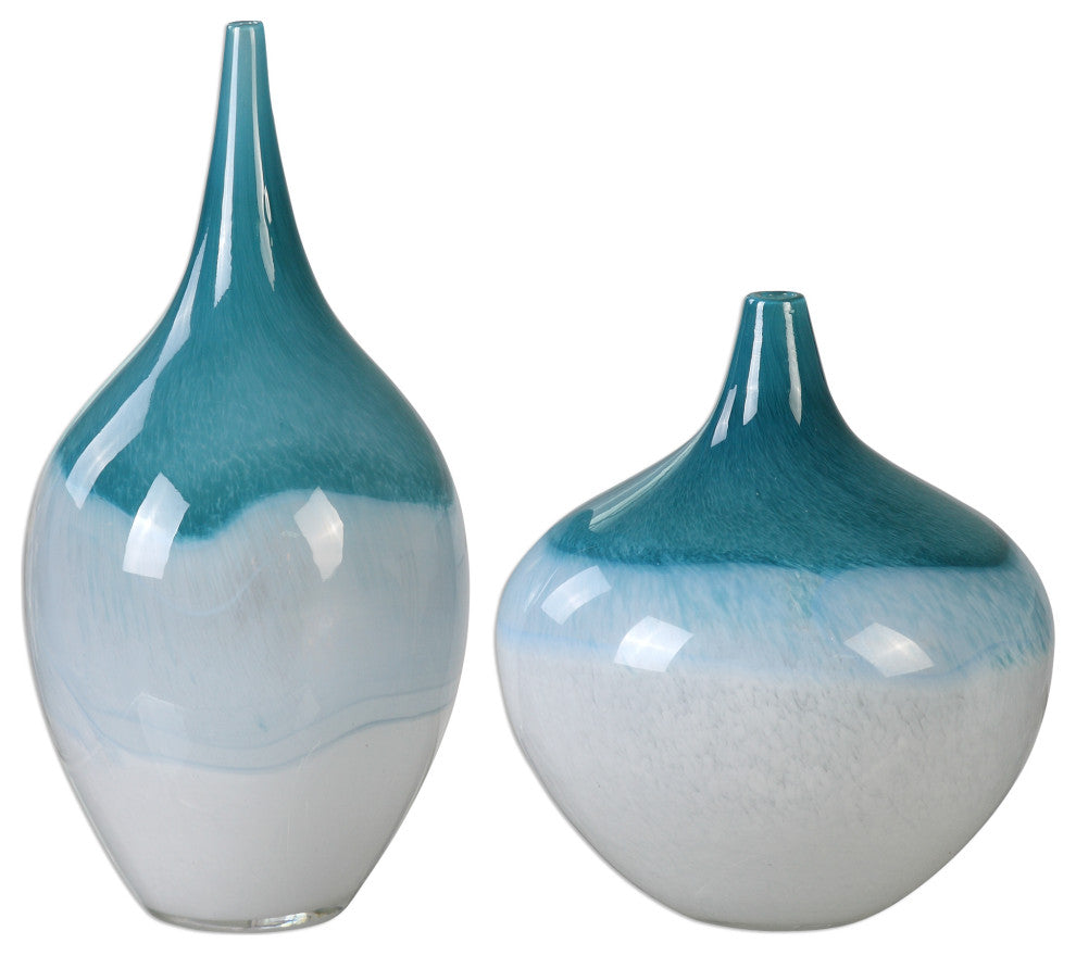 Uttermost Carlas Contemporary Glass Vases in Teal Blue/White (Set of 2)