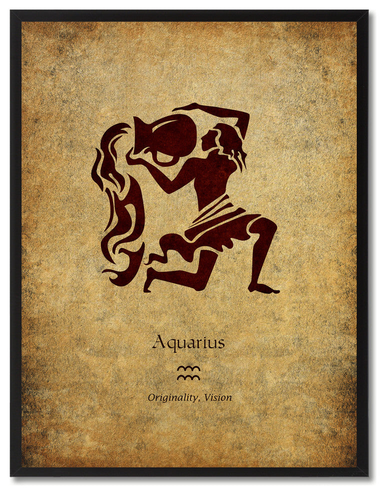 Aquarius Horoscope Astrology Brown Print on Canvas with Picture Frame, 13"x17"