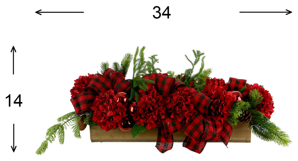 Hydrangea and Evergreen Holiday Arrangement in a Wood Planter