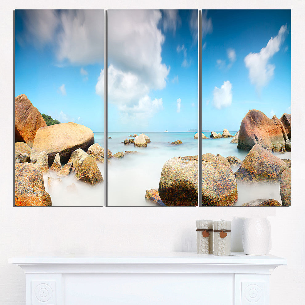 "Rocky Blue Seashore Panorama" Metal Wall Landscape, 3 Panels, 36"x28"