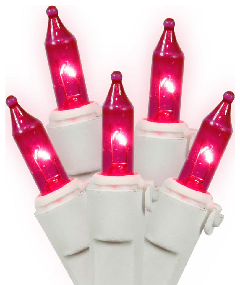 Vickerman W4W0508 50 Pink Mini Set On White Wire, 16' Christmas Light Strand