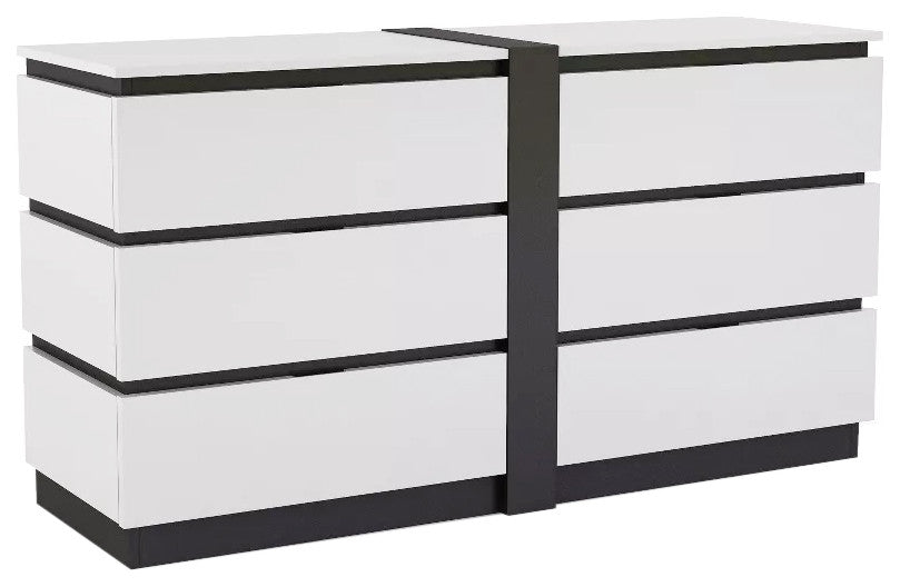 Wooden 6 Drawers Dresser in White and Metallic Gray