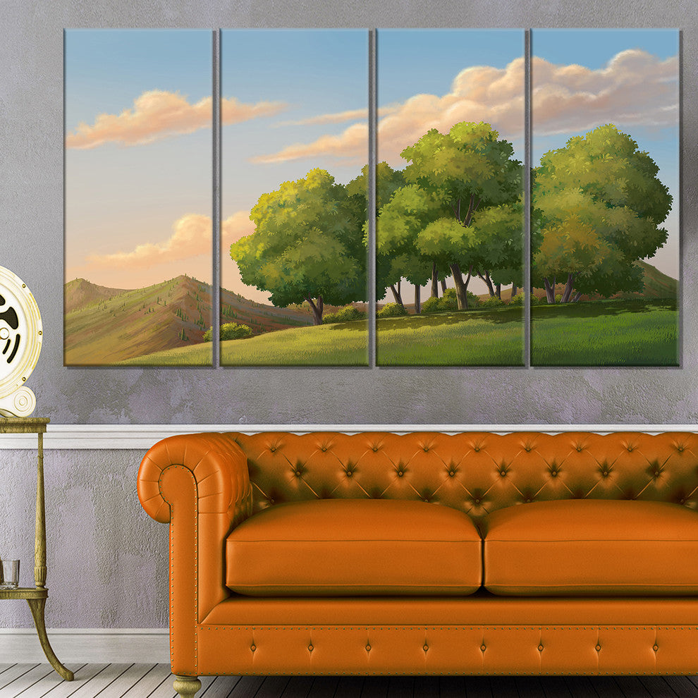"Green Mounds With Green Trees" Landscape Wall Art Print, 4 Panels, 48"x28"