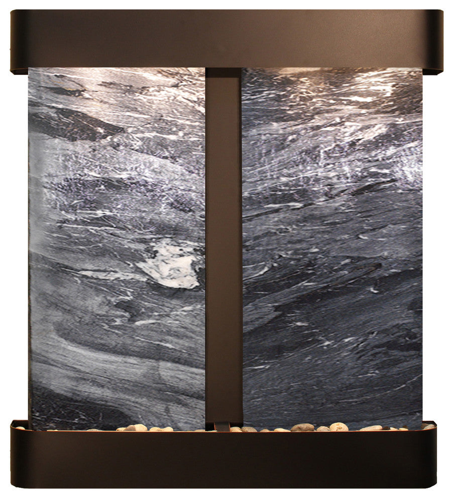 Aspen Falls Water Fountain, Black Spider Marble, Blackened Copper, Round