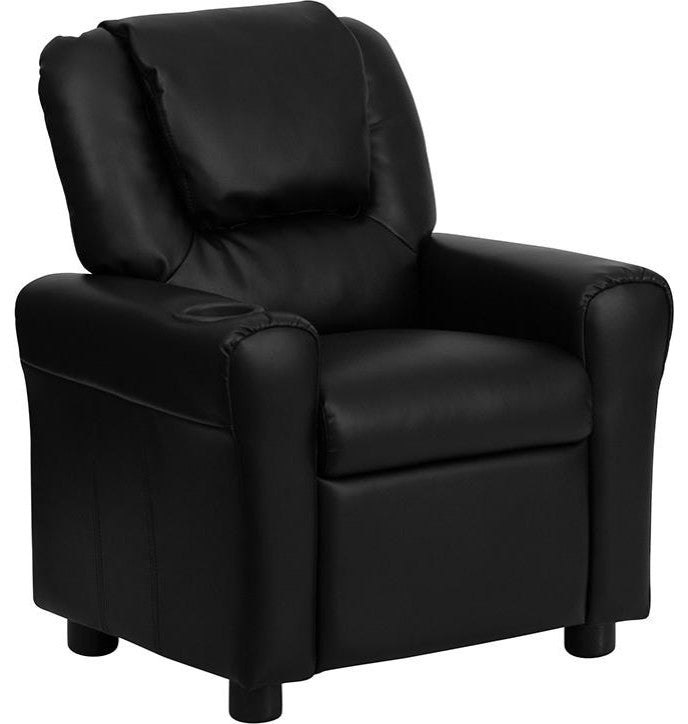 Contemporary Black Leather Kids Recliner With Cup Holder and Headrest