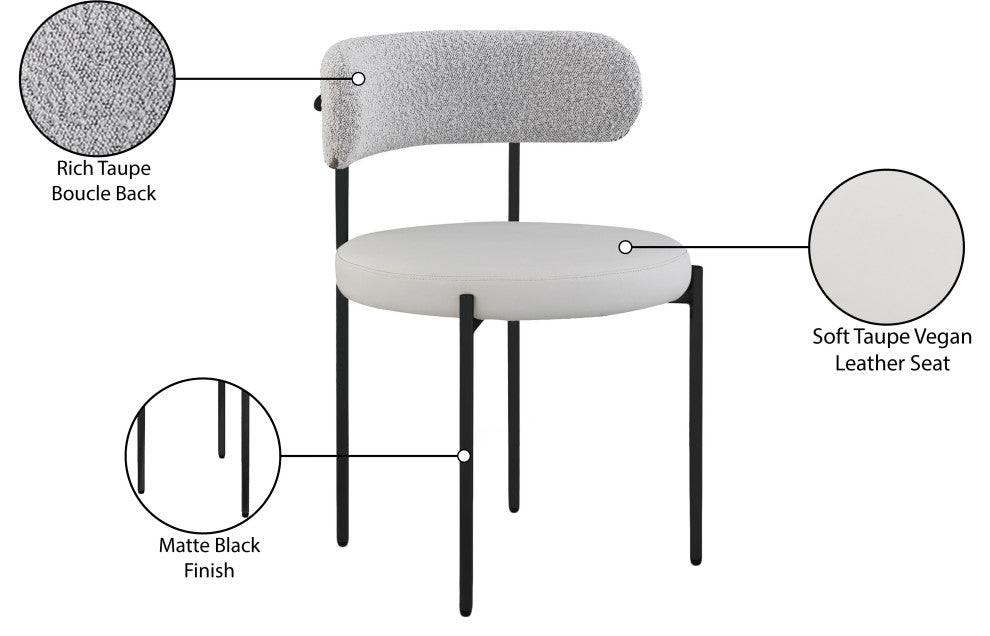 Beacon Dining Chair, Set of 2, Taupe, Vegan Leather and Boucle Fabric, Matte Black Finish