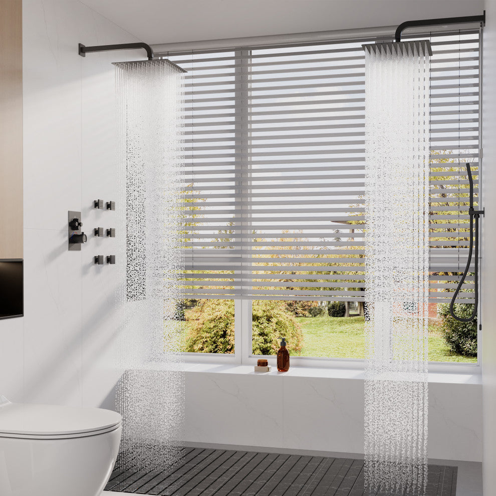12" Dual Heads Shower System with 4 Way Thermostatic Faucet, Matte Black