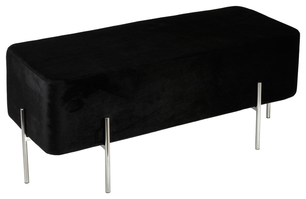 Cortesi Home Orso Contemporary Ottoman With Metal Legs, Black Velvet Fabric