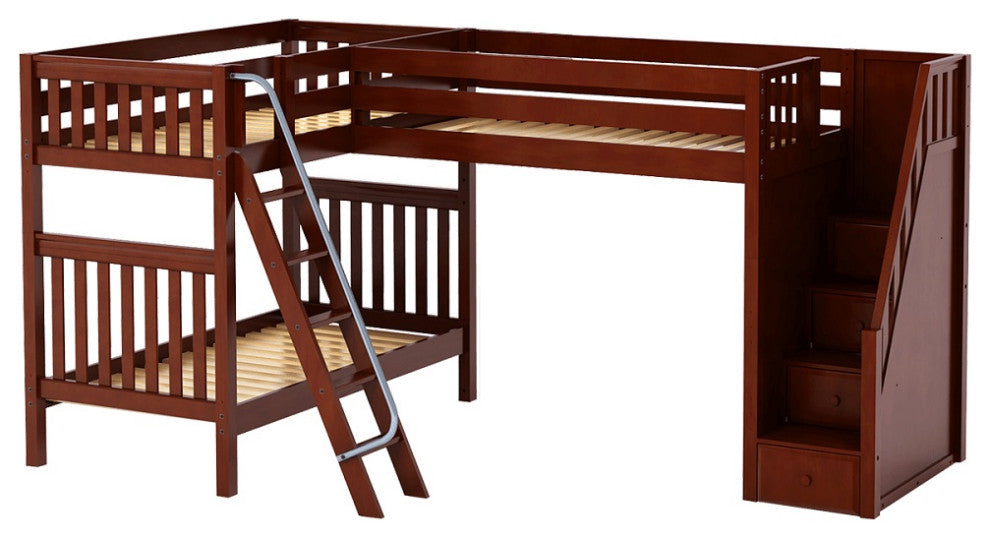 Elkhart Twin Size Sleeps 3 Bunk Beds with Stairs, Chestnut