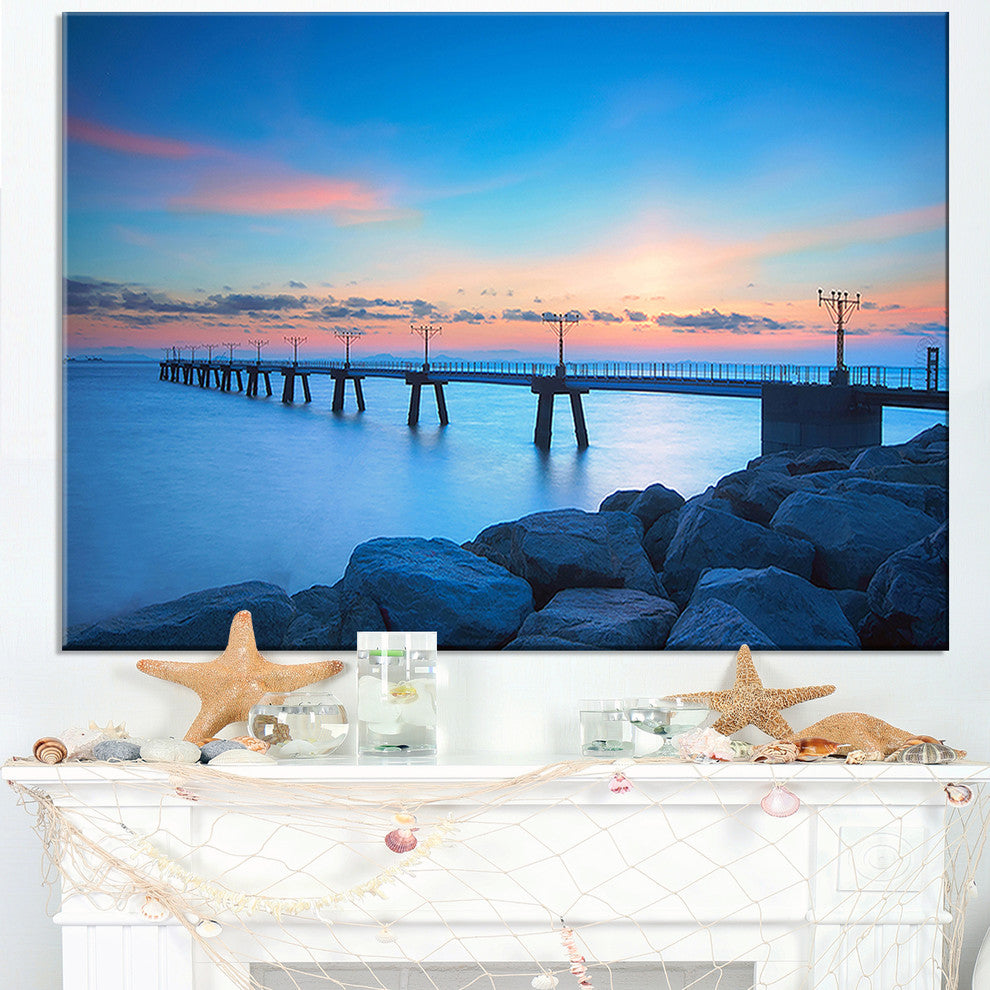 "Bluish Rocky Seashore With Pier" Sea Bridge Canvas Wall Artwork, 40"x30"