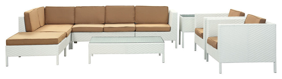 Modern Urban Outdoor Patio Rattan and Wicker 9 Pieces Sectional Set, White Mocha