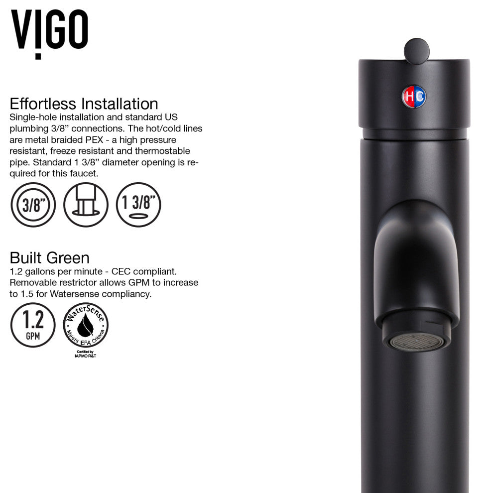 VIGO Seville 13" H Single Handle Single Hole Bathroom Vessel Faucet, Matte Black