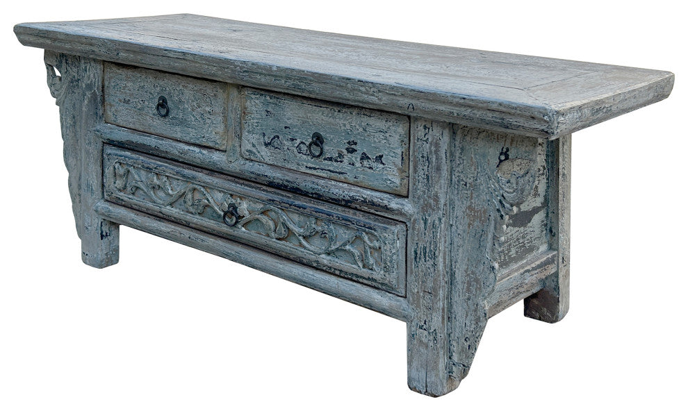 Chinese Vintage Rustic Washed White Blue Low Kang Table Display Stand Hws4343