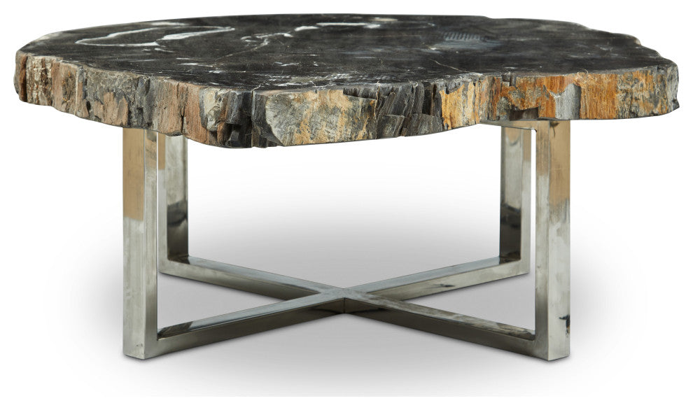 Relique Eliza Coffee Table, Polished Stainless Steel Base, Natural Dark Top