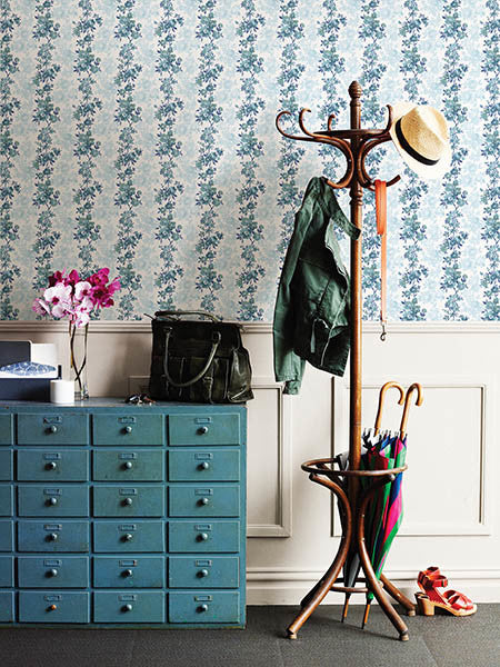 Floral Stripe Wallpaper, Blue and Teal, Bolt