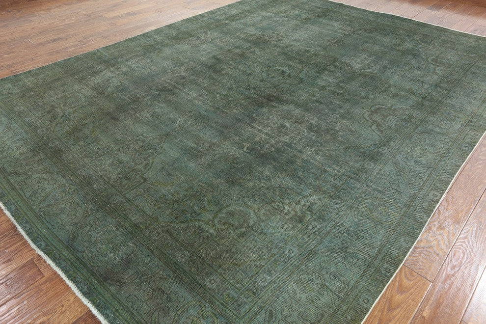 Unique Overdyed Collection Floral 10'x13' Green Hand Knotted Wool Area Rug H8693
