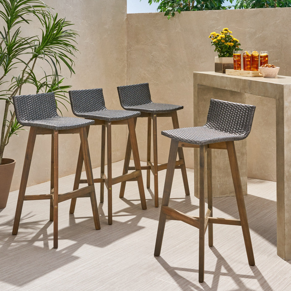 Jessie Outdoor Wood and Wicker Barstool, Set of 4, Gray, Gray Finish