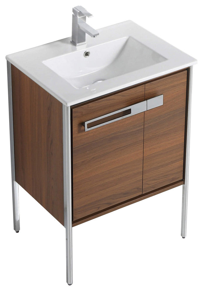 Oakville Bath Vanity, Ceramic Sink, Walnut Ebony, 24 Inch, Chrome Hardware