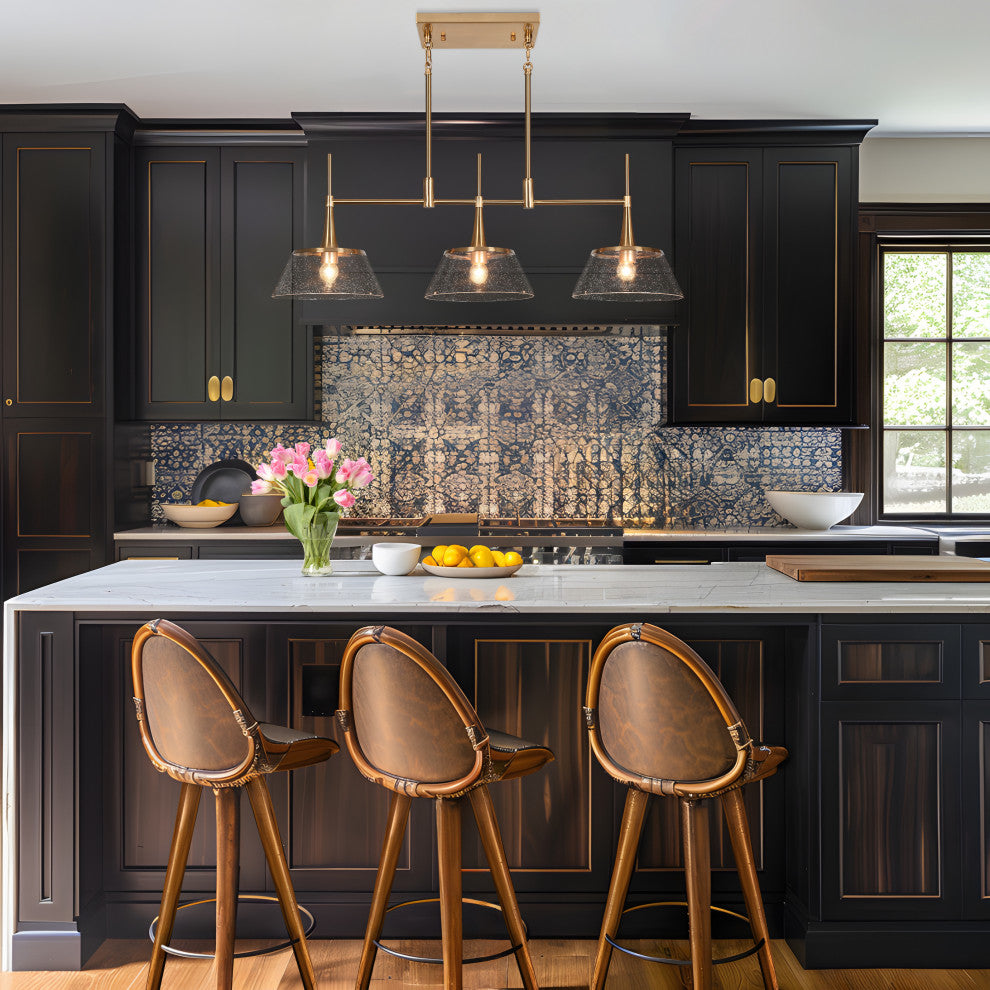 LNC 3-Light Polished Gold Modern Linear Kitchen Island Light, Seeded Glass