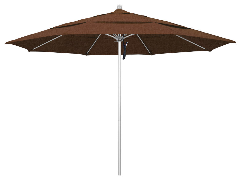 11' Silver Anodized Pulley Lift Fiberglass Rib Aluminum Umbrella, Olefin, Teak