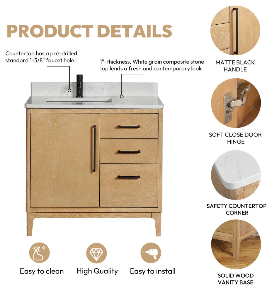 Gara Bath Vanity, Stone Top, Washed Ash Grey, 36", Single Vanity, No Mirror