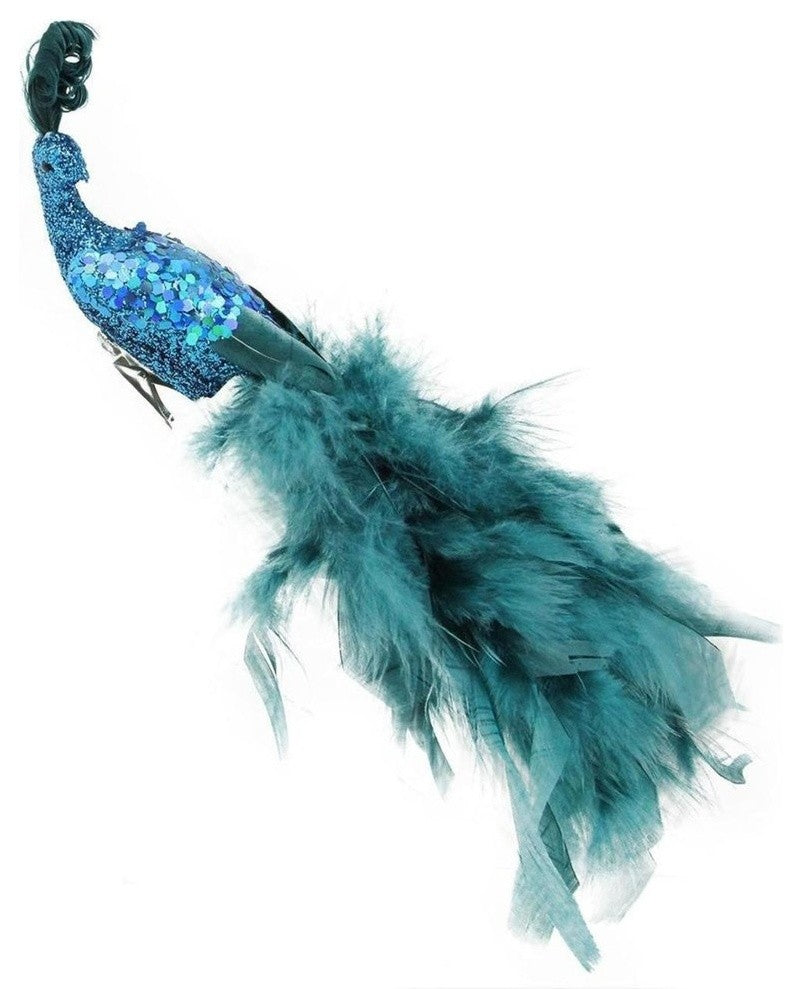 11" Regal Peacock Clip On Teal Blue, Feather Tail Christmas Ornament
