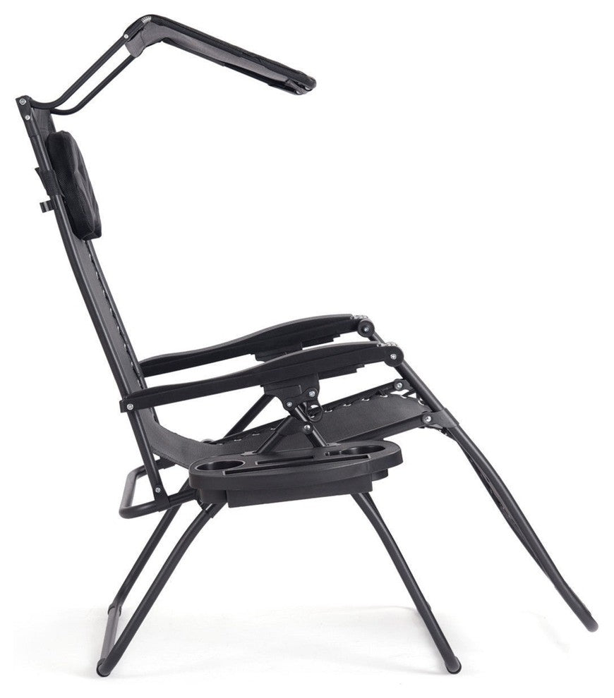 Folding Recliner Lounge Chair With Shade Canopy Cup Holder, Black