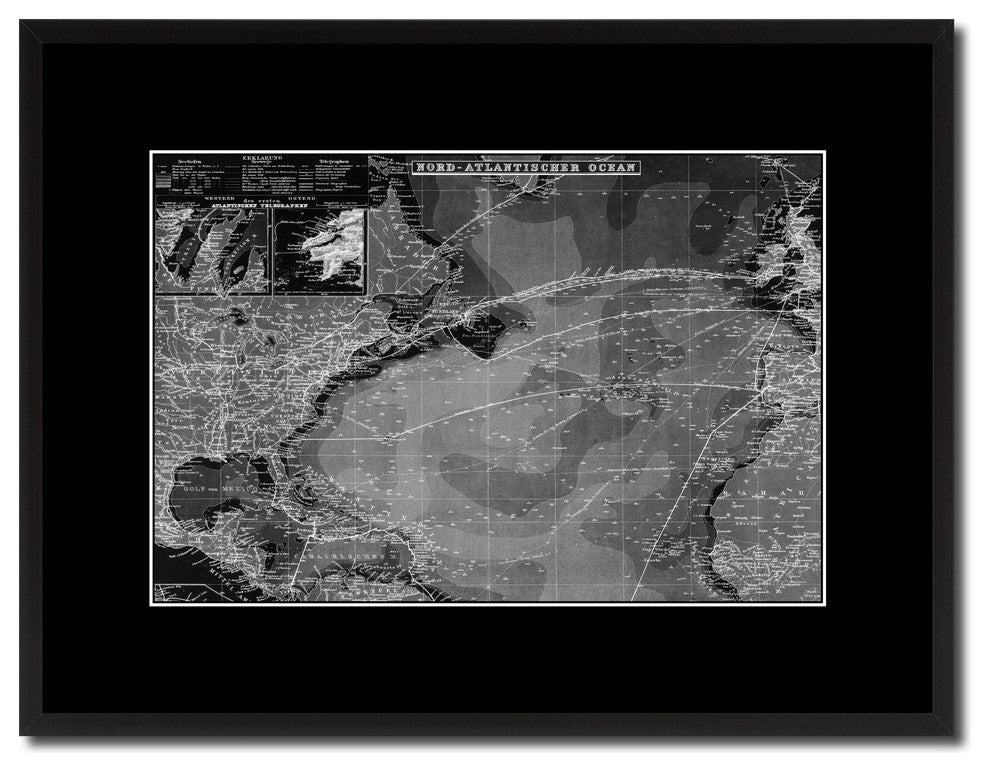 North Atlantic Telegraph Lines Stieler Vintage Monochrome Map Canvas, 16"x21"
