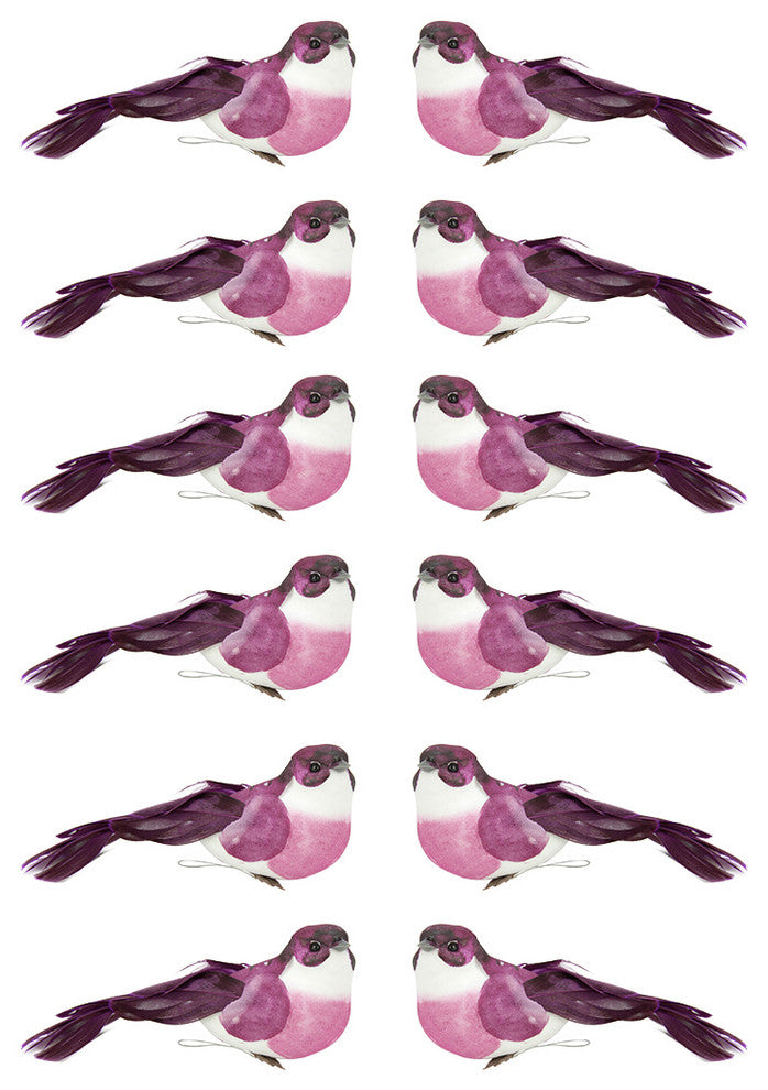 Mauve Bird Christmas Ornaments, Pink, Set of 12, 5.75"