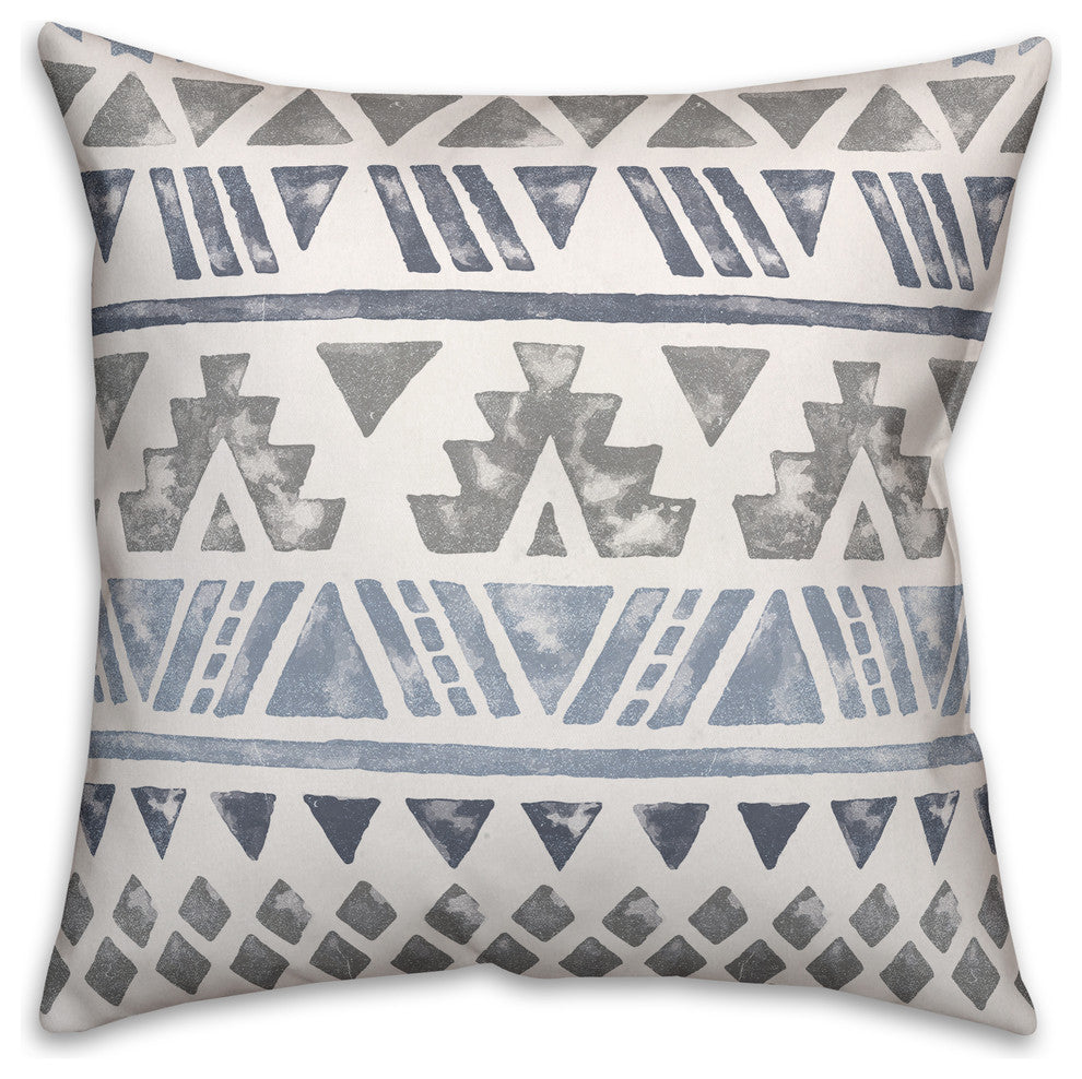 Gray and Blue Aztec Spun Poly Pillow, 18"x18"