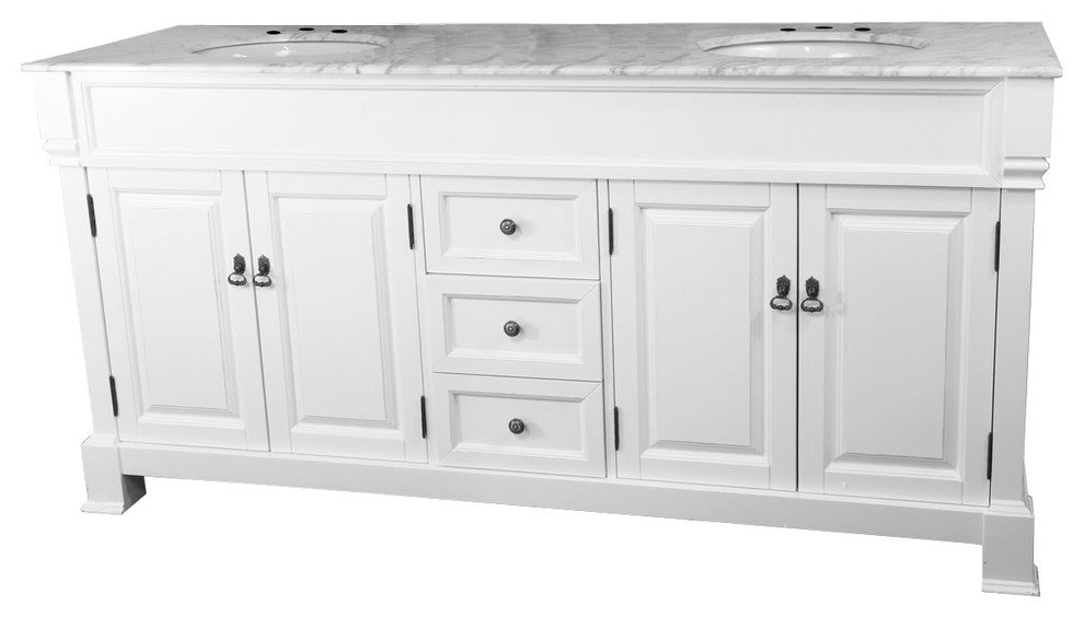 72" Double Sink Wood Vanity, White Marble Top