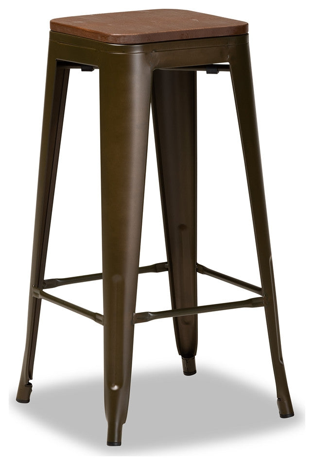 Modern Brown Metal and Walnut Brown Finished Wood 4-Piece Bar Stool Set