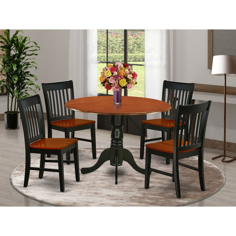 5Pc Rounded 42" Kitchen Table, Two 9"Drop Leaves, Four Wood Seat Kitchen Chairs