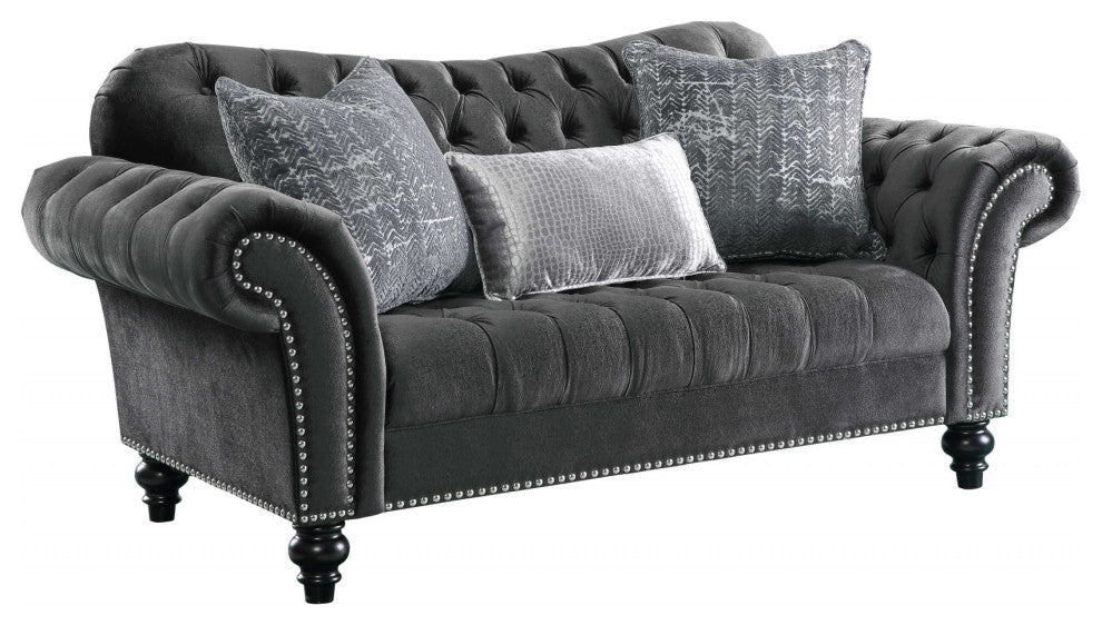 HomeRoots 79" X 37" X 37" Dark Gray Velvet Loveseat With3 Pillows