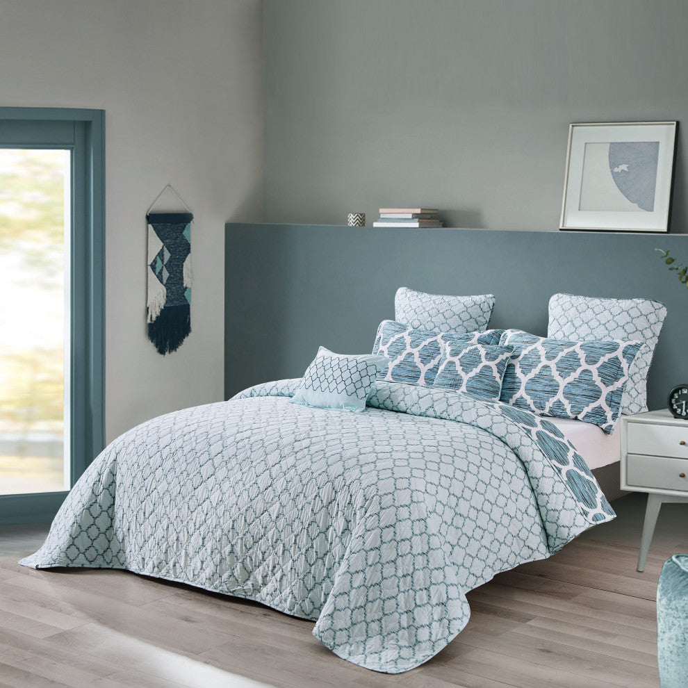 Honor Quilted 7 Piece Bed Spread Set, Blue, Queen