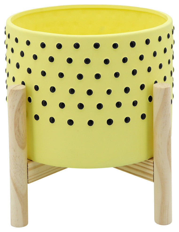 8" Dotted Planter With Wood Stand, Yellow