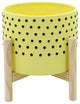 8" Dotted Planter With Wood Stand, Yellow