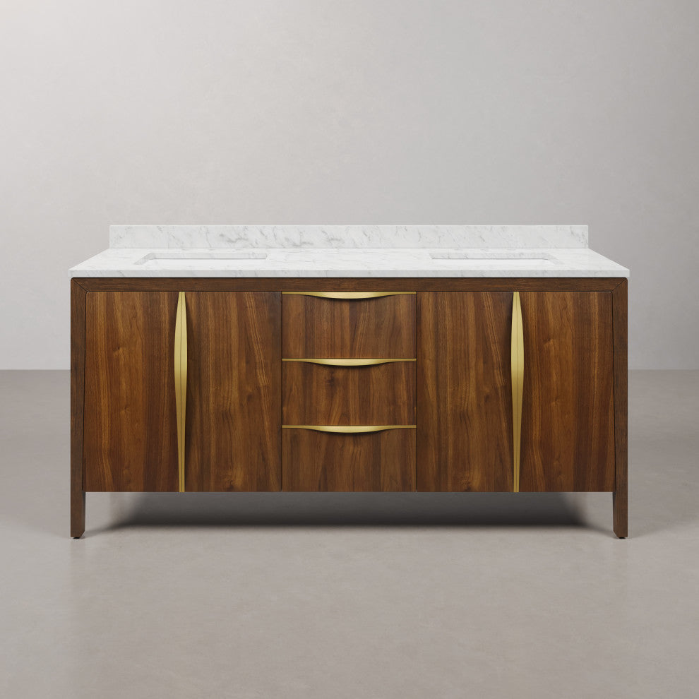 Ferrero Marble Top Bath Vanity, Nori Juglans, 72, Double Sink, No Faucet