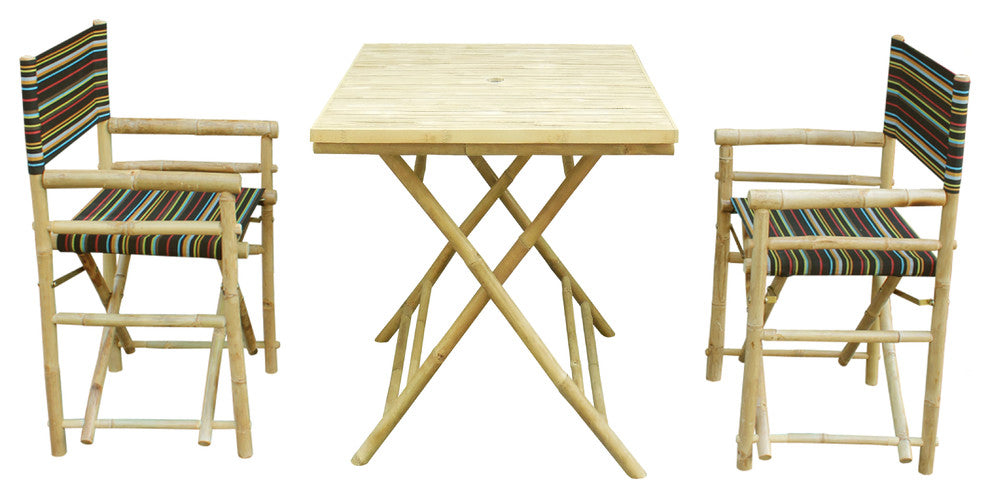 Square Table Set With 2 Director Canvas Chairs, Indigo Stripes