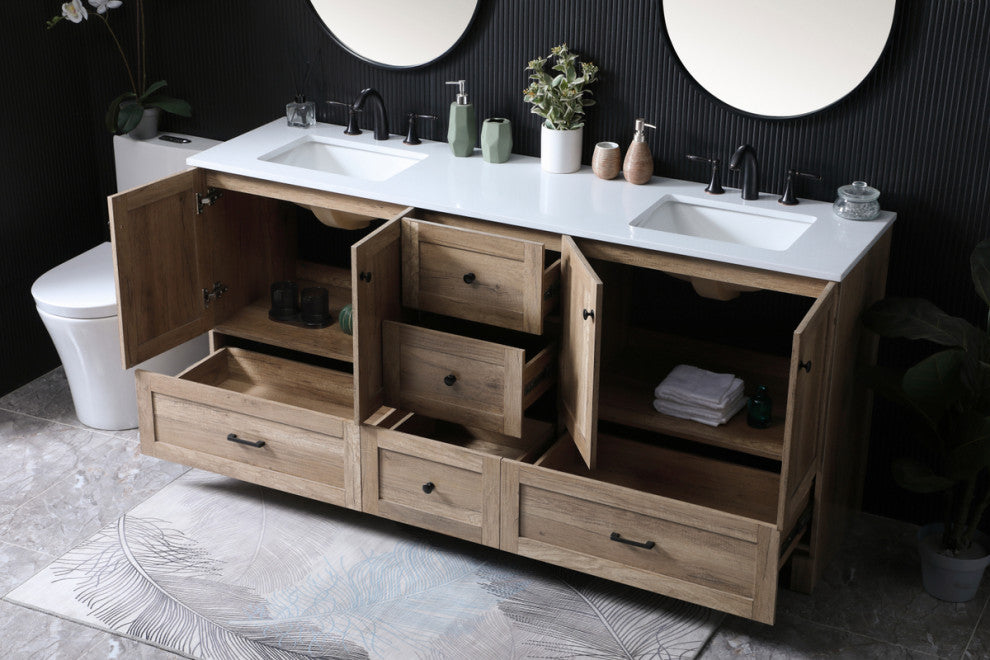 60" Double Bathroom Vanity, Natural Oak, 72