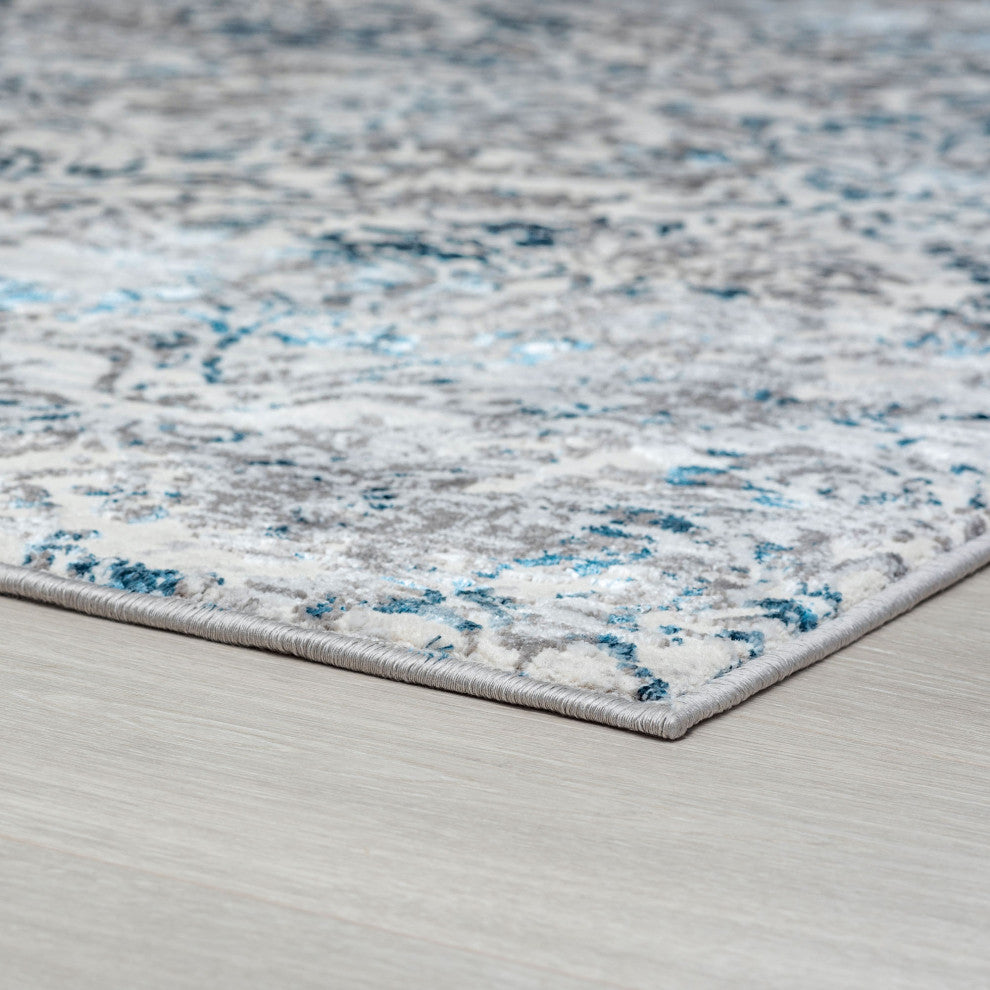 Kathryn Transitional Damask Area Rug, Blue, 5'x7'