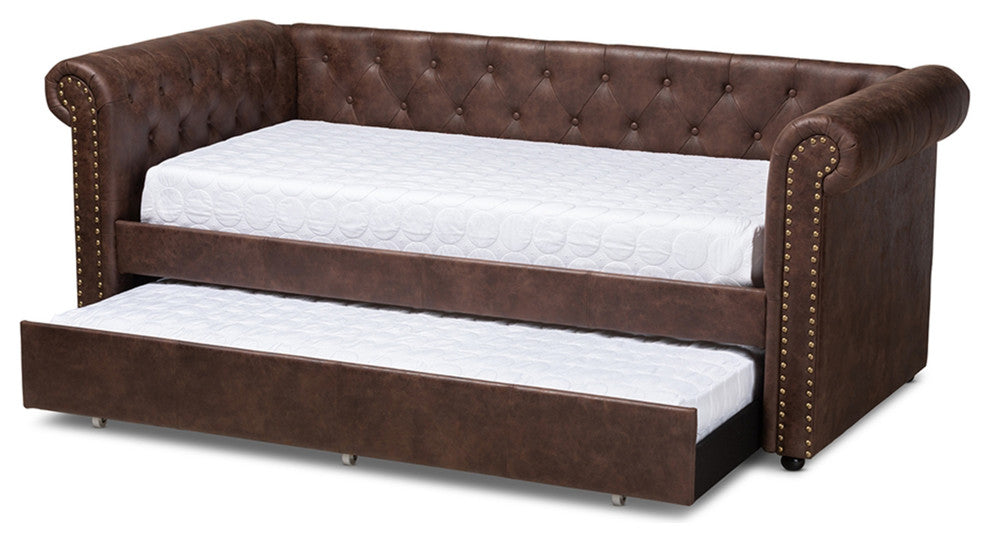 Brown Faux Leather Upholstered Daybed With Trundle