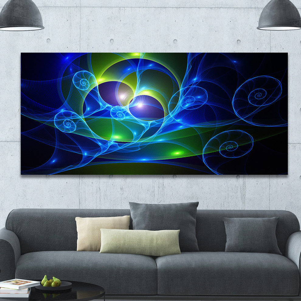 Blue Curly Spiral on Black, Oversized Abstract Canvas Art Print, 60x28