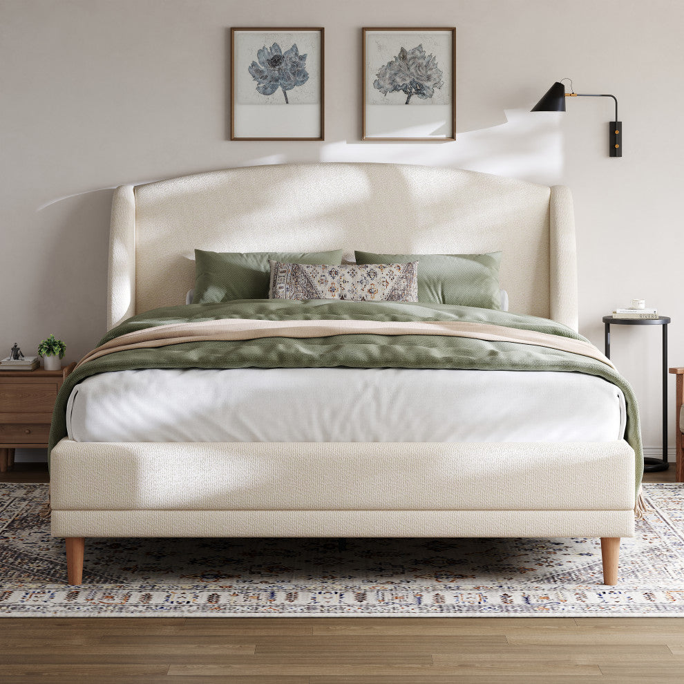 GDF Studio Fully-Upholstered Boucle Fabric Platform Bed, White, Queen